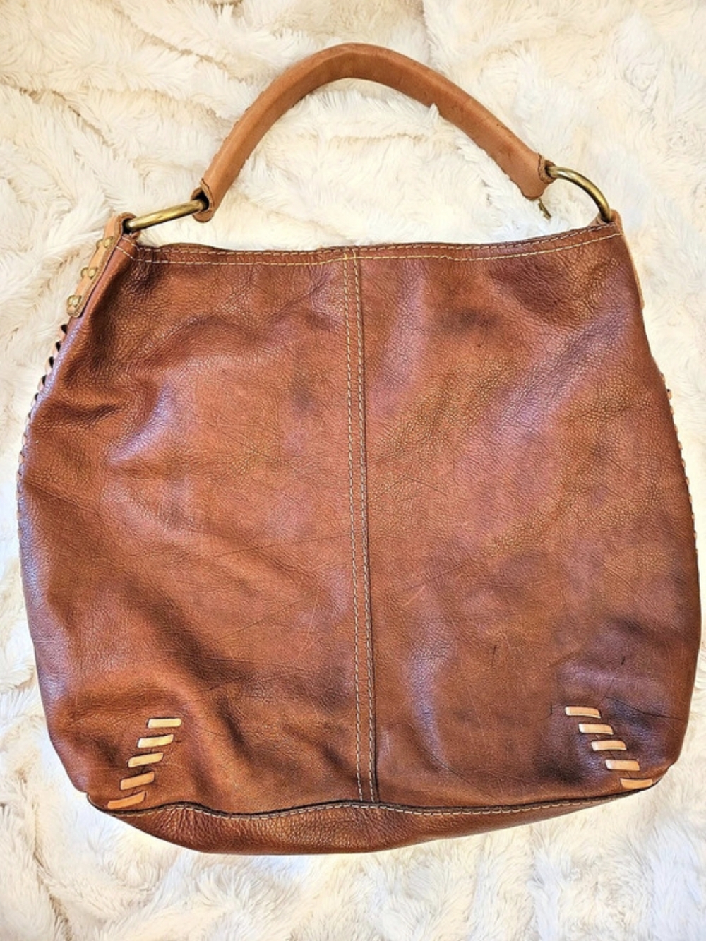 Y2K✨️Lucky Brand☆Brown Leather Slouchy Hobo Bag With Whipstitch - Picture 5 of 13